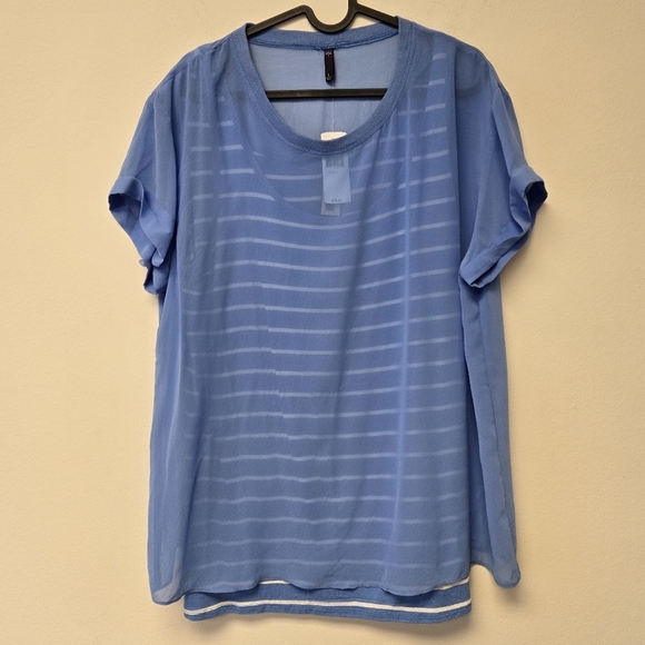 NYDJ Chiffon Overlay Striped Top Shirt Sky Blue L - Picture 3 of 9